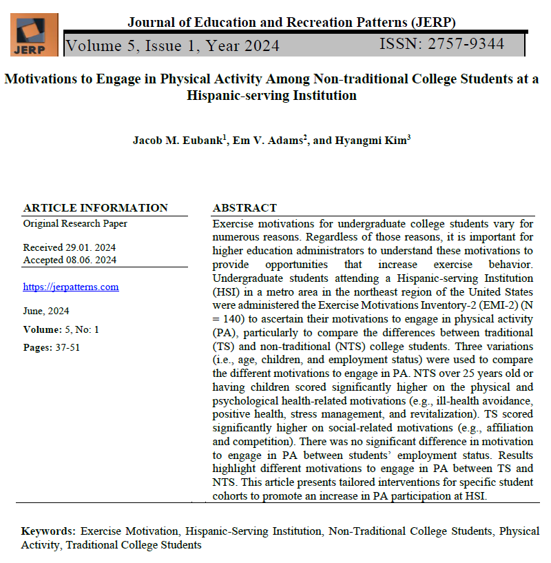 Jacob M. Eubank, Ed.D. (@drjacobmeubank) on Twitter photo Proud of this pub to come out, now published in the <a href="/jlrppatterns/">Journal of Education and Recreation Patterns</a> . Find out more here: jerpatterns.com/index.php/jerp…. #highereducation #wellbeing #physicalactivity
<a href="/NIRSAlive/">NIRSA</a> <a href="/CUNYLehman/">CUNY Lehman</a> <a href="/CUNY/">The City University of New York</a> Proud of this pub to come out, now published in the <a href="/jlrppatterns/">Journal of Education and Recreation Patterns</a> . Find out more here: jerpatterns.com/index.php/jerp…. #highereducation #wellbeing #physicalactivity
<a href="/NIRSAlive/">NIRSA</a> <a href="/CUNYLehman/">CUNY Lehman</a> <a href="/CUNY/">The City University of New York</a>