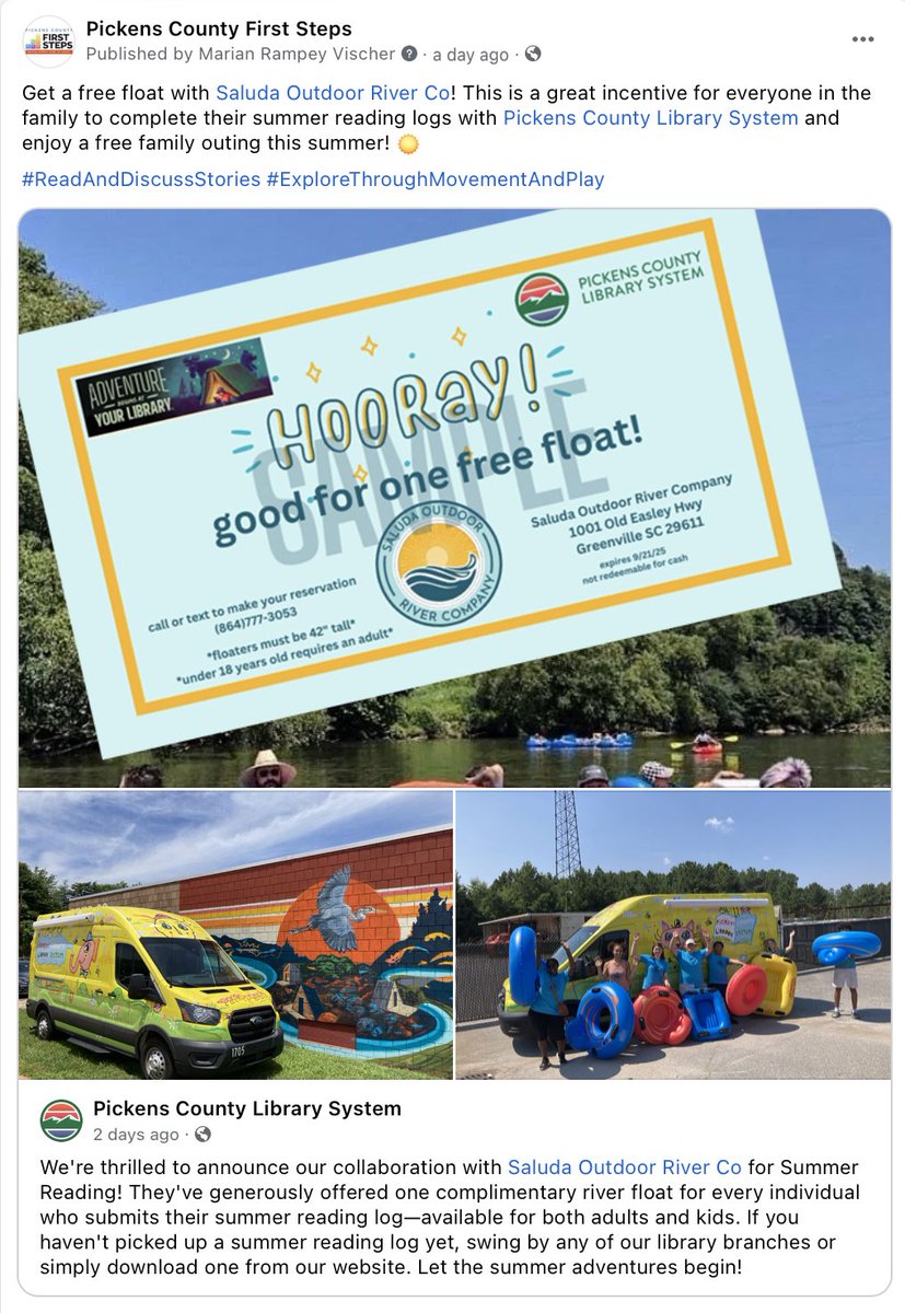 PCFirstSteps's tweet image. Read books and earn a free family outing from @PickensCoLib  and Saluda Outdoor River Co! 

#DoTheBasics #ExploreThroughMovementAndPlay #ReadAndDiscussStories