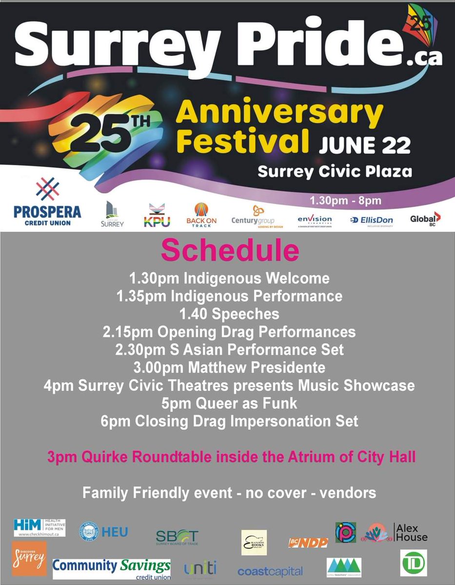 FYI @Surrey Pride will start at 1.30. and run to 8pm. Vendor Set up commences 11.30am