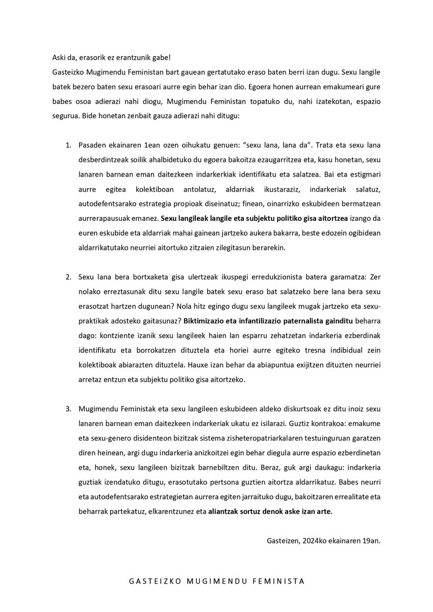 🟣 ASKI DA! Erasorik ez erantzunik gabe!
Gasteizko Mugimendu Feministaren irakurketa 👇

🟣 ¡BASTA YA! ¡Ninguna agresión sin respuesta! 
Lectura del Movimiento Feminista de Gasteiz 👇