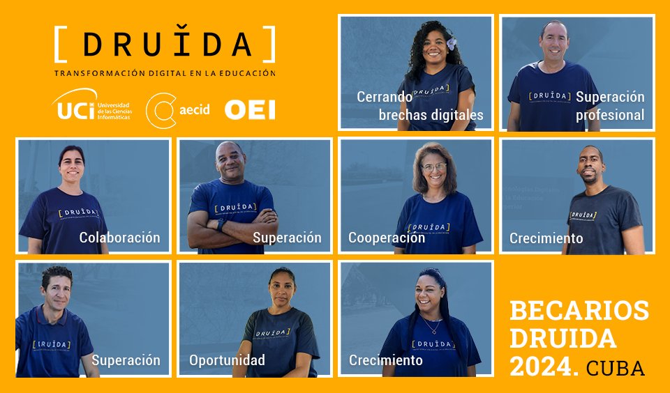 El proyecto de cooperación internacional DRUIDA "Transformación Digital en la Educación", a través de los fondos de la AECID, financia 5 becas  doctorales y 4 becas postdoctorales. 
¡Aquí te presentamos los 9 profesores cubanos beneficiarios de este programa !👇#UniversidadCubana