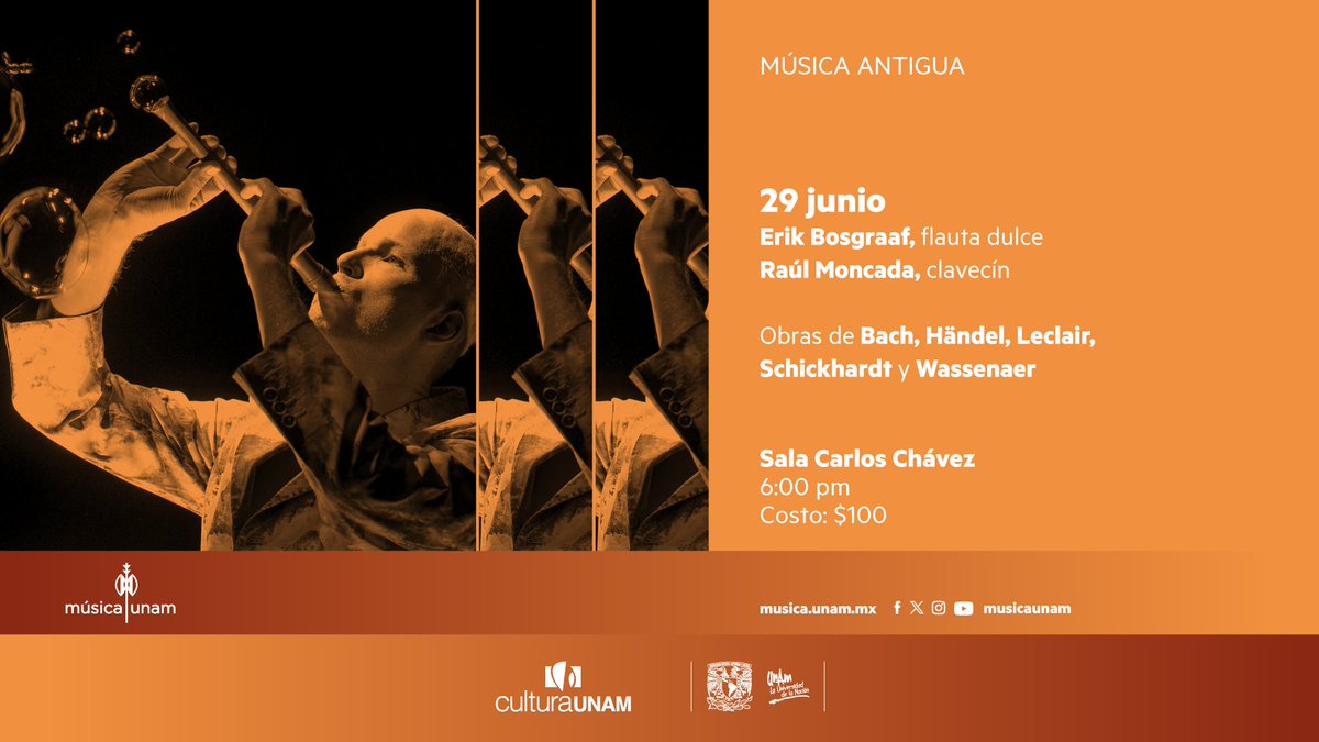 En este concierto, el flautista Erik Bosgraaf y el clavecinista Raúl Moncada presentan un recorrido sonoro por las capitales europeas del siglo XVIII.

Sábado 29 junio | Sala Carlos Chávez | 6:00 pm
Más información: musica.unam.mx/calendario/eve…

#CulturaUNAM