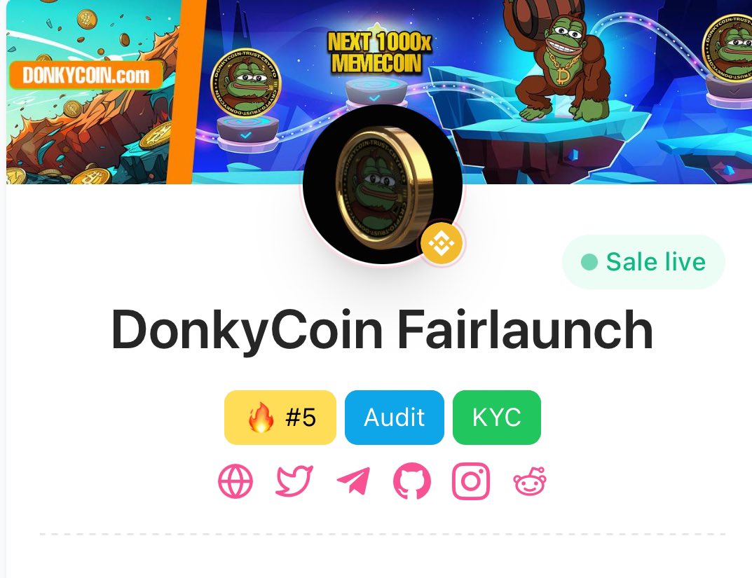 PRESALE GET STARTED 🔥

 ** SALE IS LIVE!! **

🔰Presale Link : 

pinksale.finance/launchpad/bsc/…

🔥CA: 0x6f4a4f14585dBE954CB84DBB3d77AAD0F2e31f9D

🌐 donkycoin.com
❌x.com/donkycoinbsc
✉️ t.me/donkyBSC