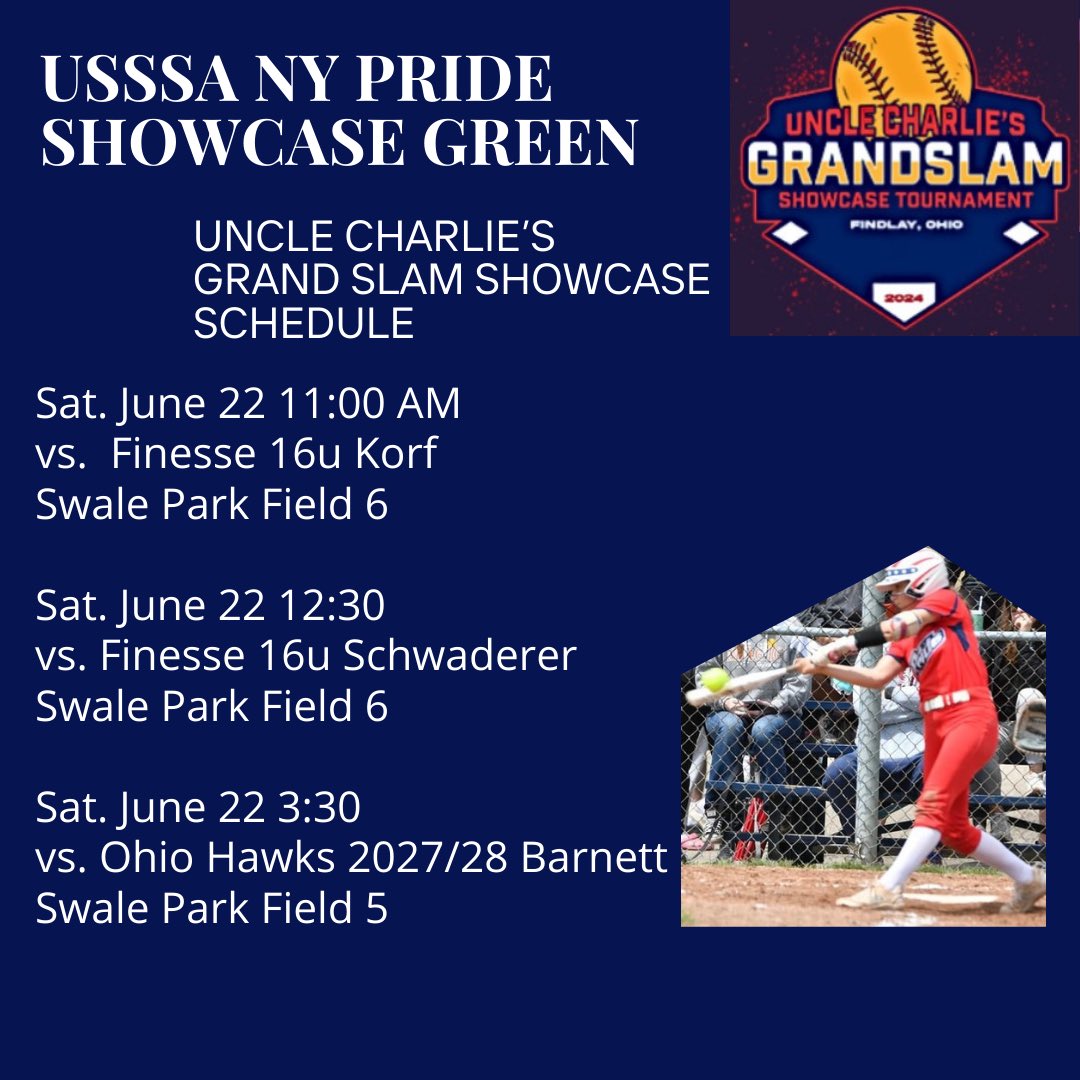 AdamoMatalyn's tweet photo. Come check us out, our team is heading to Findlay OH to play in Uncle Charlie’s Grand Slam Showcase this weekend.  You can also find us on Game Changer:  USSSA NY Pride 16u Showcase 16u

@HurstSoftball @Gannon_Softball, @SRU_Softball https://t.co/enVYU16F91