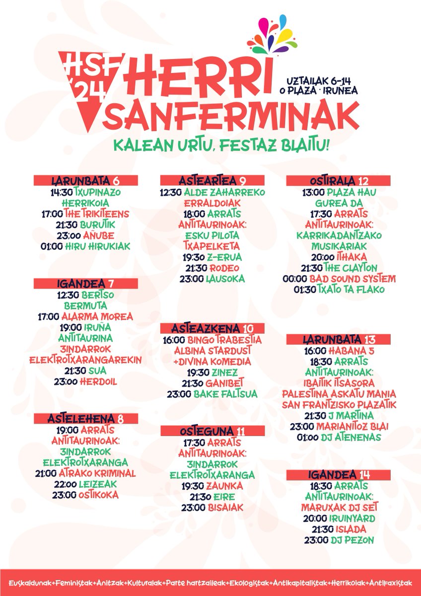 Herri Sanferminak bueltan dira! 😊 Azken urtetako erresistentziaren ondoren, berriz ere txoznagunea izanen dugu!🎉

Espazio herrikoi eta egitarau hau posible egiteko, AUZOLANA beharrezkoa dugu.🤜🏼🤛🏼 Adi deialdiei!
