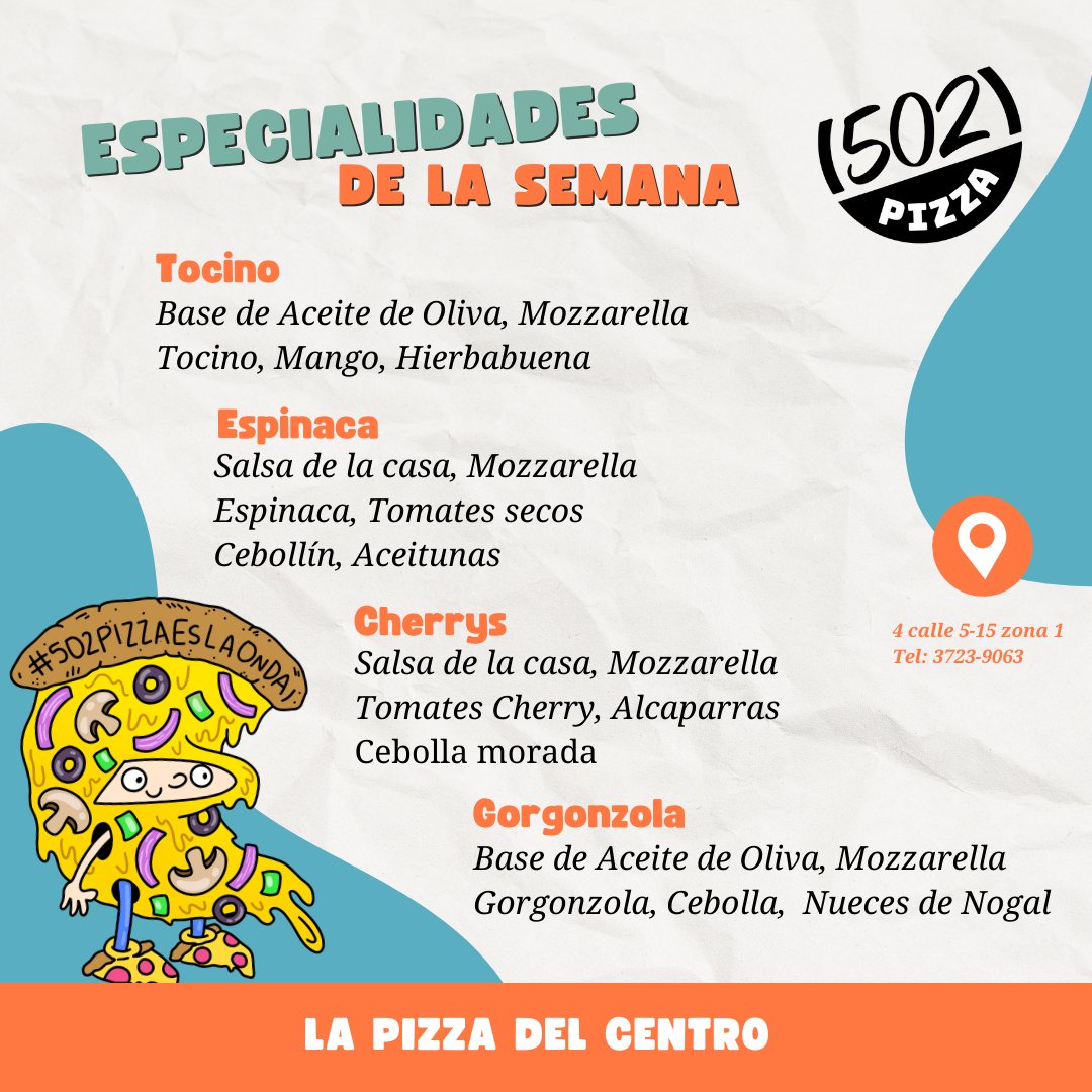 502Pizza's tweet photo. Especialidades de la Semana 🔥 
.
.
#502pizza #lapizzadelcentro #502pizzaescomunidad https://t.co/NjFy5m52ZD