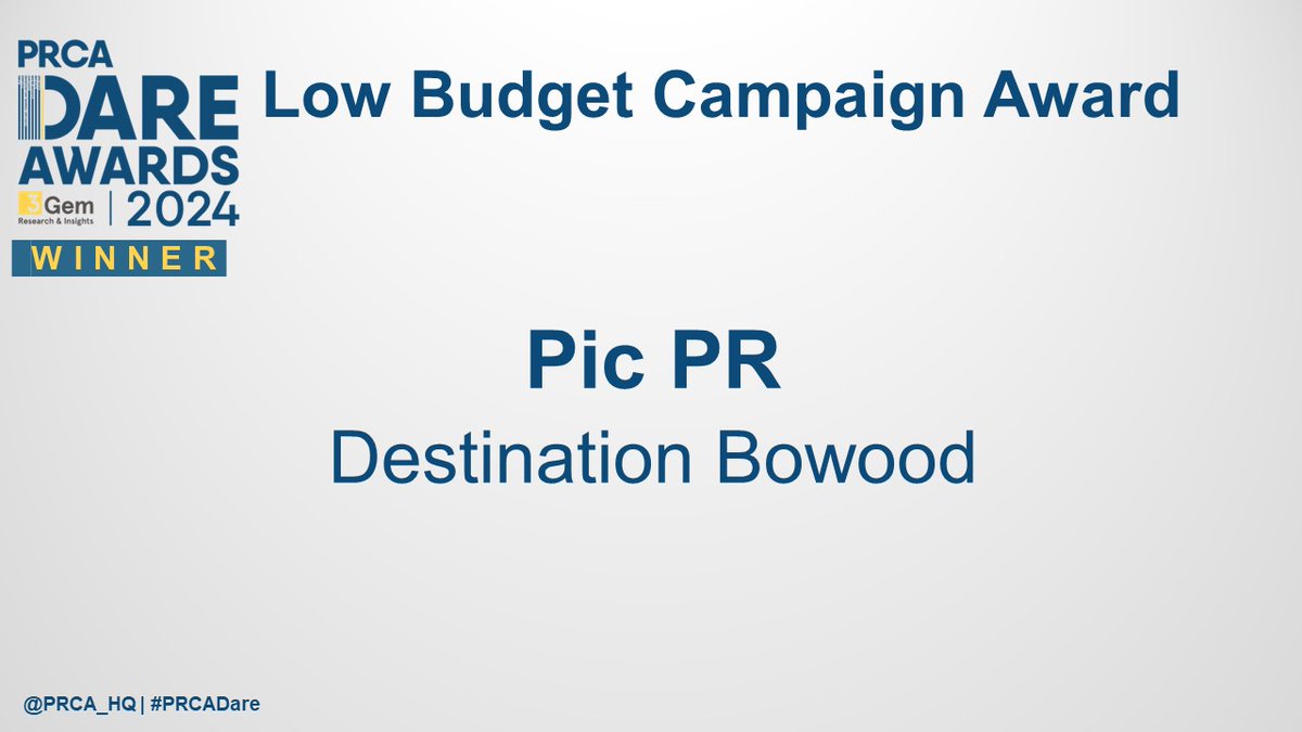 PRCA_HQ's tweet image. The winner of the Low Budget Campaign Award is @picpr!
Congratulations 🏆 | #PRCADare @PRCA_SW