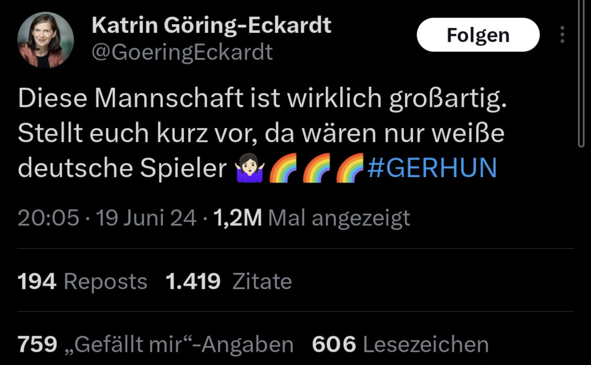 Mit #GoeringEckardt äußert sich eine führende Politikerin einer Regierungspartei dezidiert rassistisch - und die Medien werden schweigen. Weil es ja nur gegen das eigene Volk gerichtet ist.

Grüne.