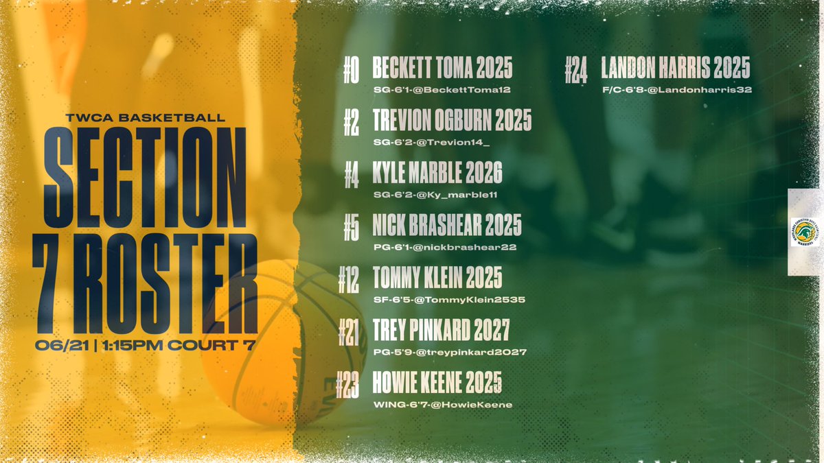 Landon Harris (@landonharris22_) on Twitter photo Section 7 this weekend. First game is at 1:15 PM on court 7.
<a href="/JasonTocabens/">Jason Tocabens</a> <a href="/TWCAbasketball/">TWCA Basketball</a> <a href="/TempleLifeHoops/">Team Temple</a> <a href="/CoachAntWillis/">Coach Anthony Willis</a>
<a href="/Section7Az/">Section 7</a> Section 7 this weekend. First game is at 1:15 PM on court 7.
<a href="/JasonTocabens/">Jason Tocabens</a> <a href="/TWCAbasketball/">TWCA Basketball</a> <a href="/TempleLifeHoops/">Team Temple</a> <a href="/CoachAntWillis/">Coach Anthony Willis</a>
<a href="/Section7Az/">Section 7</a>