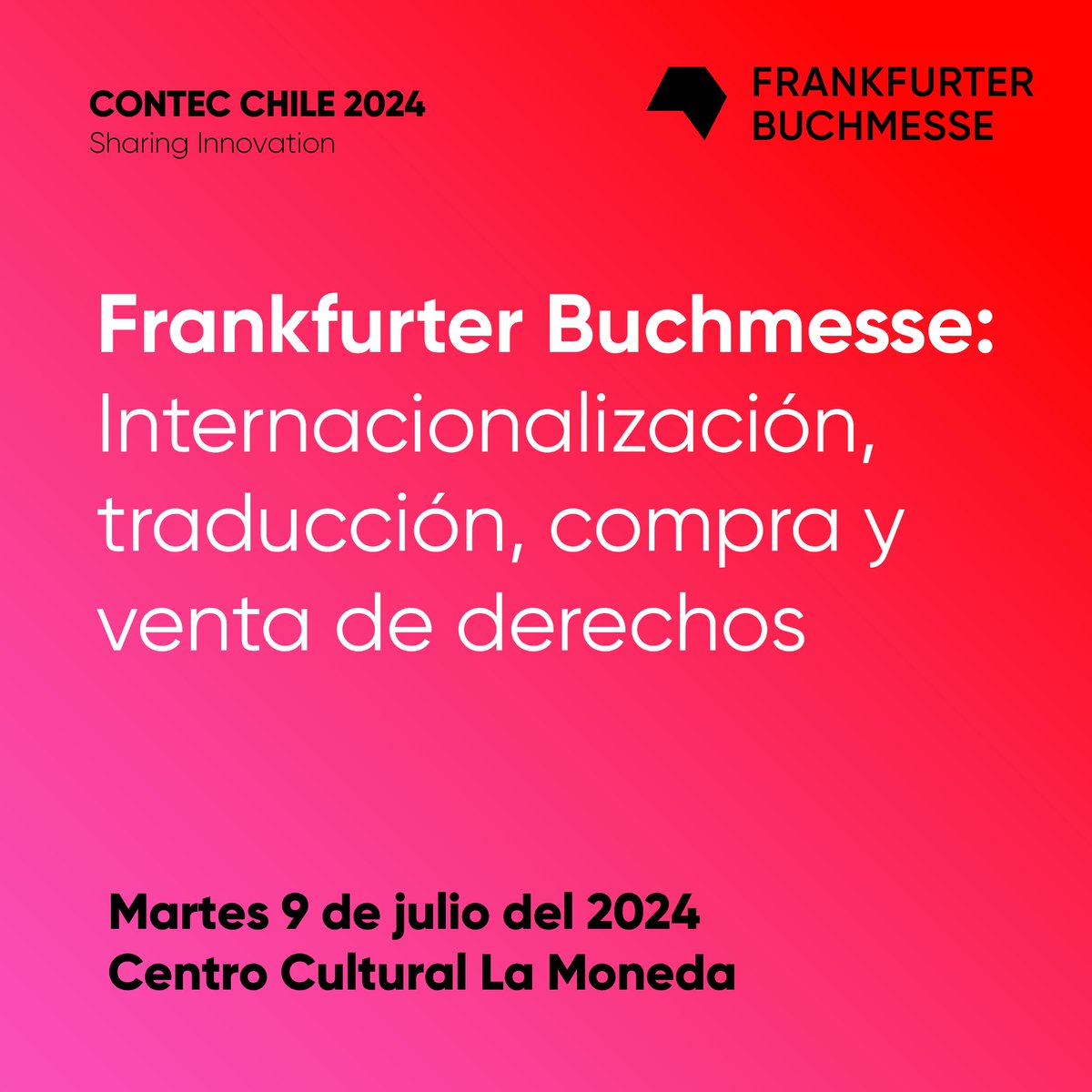 ContecMXOficial's tweet photo. 🔺 #ContecChile

📆 Estos son los temas centrales de #Contec2024:
🔅 #Internacionalización
🔅 #Traducción
🔅 Compra y venta de #derechos

📲Inscríbete👇🏾
https://t.co/Qj24ErEKZ2

@Book_Fair 
@culturas_cl 
#buchmesse
#sharinginnovation https://t.co/V9GoNyxYYi