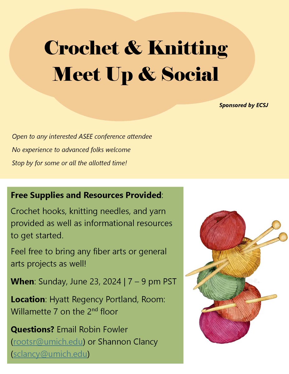 robin fowler (@robinfowl) on Twitter photo Super excited for this conference social event that feels comfy: Join <a href="/ecsj_asee/">ECSJ_ASEE</a> (and <a href="/ShannonMClancy/">Shannon Clancy (she/they)🏳️🌈⚙️</a> , Elisa Bravo, Theo Sorg, and hopefully lots of others) Sunday night <a href="/ASEE_DC/">ASEE</a> , for knit/crochet fun! We bring the supplies. No experience needed. #asee2024 <a href="/ASEEDiversity/">ASEE Diversity</a> Super excited for this conference social event that feels comfy: Join <a href="/ecsj_asee/">ECSJ_ASEE</a> (and <a href="/ShannonMClancy/">Shannon Clancy (she/they)🏳️🌈⚙️</a> , Elisa Bravo, Theo Sorg, and hopefully lots of others) Sunday night <a href="/ASEE_DC/">ASEE</a> , for knit/crochet fun! We bring the supplies. No experience needed. #asee2024 <a href="/ASEEDiversity/">ASEE Diversity</a>