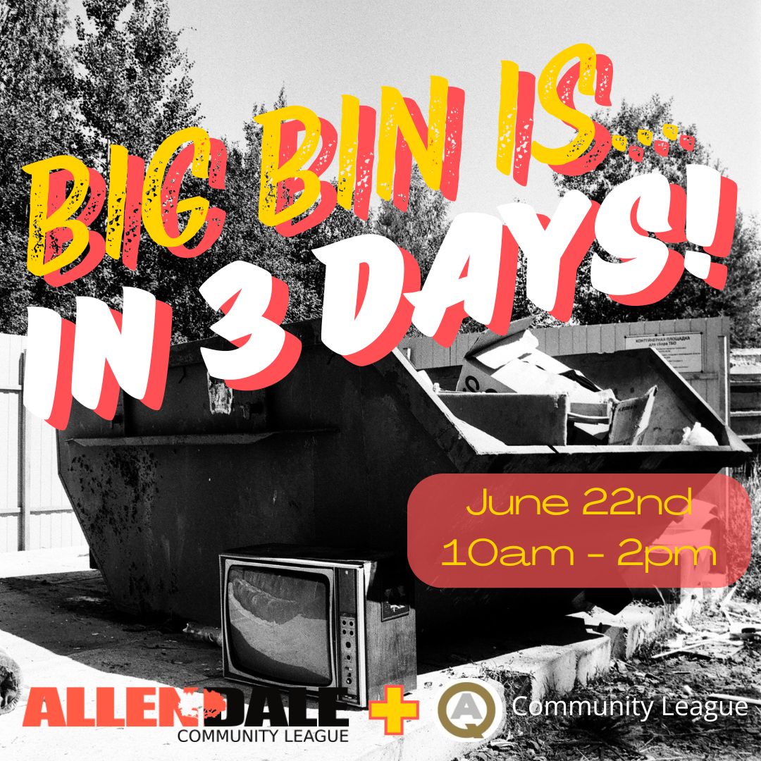 Our big bin event is in 3 days! Bring your membership or sign up for one there.
June 22nd, 10am - 2pm, Allendale School parking lot (6415 106 St NW)
For information on what items are accepted, visit our webpage: allendalecommunity.ca/allendale-quee…