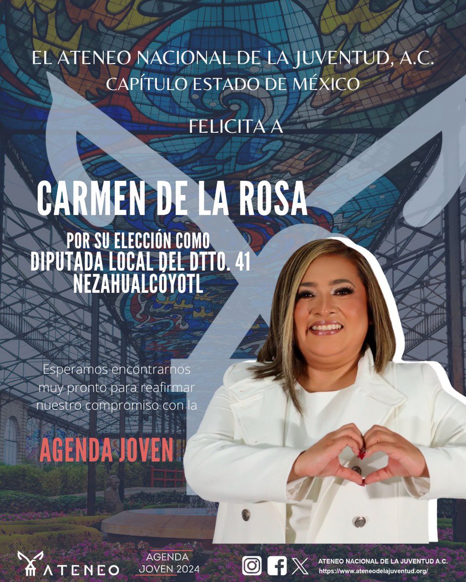 ¡Felicitamos a <a href="/EsCarmenDLaRosa/">Carmen De la Rosa</a> por refrendar el cargo de diputada local en el Congreso del Estado de México!

Estamos seguros que la <a href="/agendajoven2024/">Agenda Joven 2024</a> y las juventudes mexiquenses serán prioritarias en su encargo.

<a href="/ateneo_juventud/">Ateneo Nacional de la Juventud, A.C.</a>