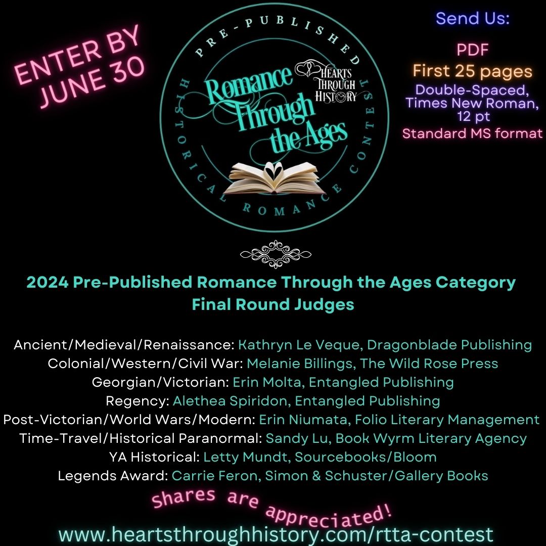 HHRW's tweet image. You still have 11 days to submit your full MS/first 25 pgs. We have some fantastic final round judges and normally get quite a few MS requests after the contest.  heartsthroughhistory.com/rtta-contest
#historicalromance #historicalromanceauthor #writingcontest  #romanceauthor #authorcommunity