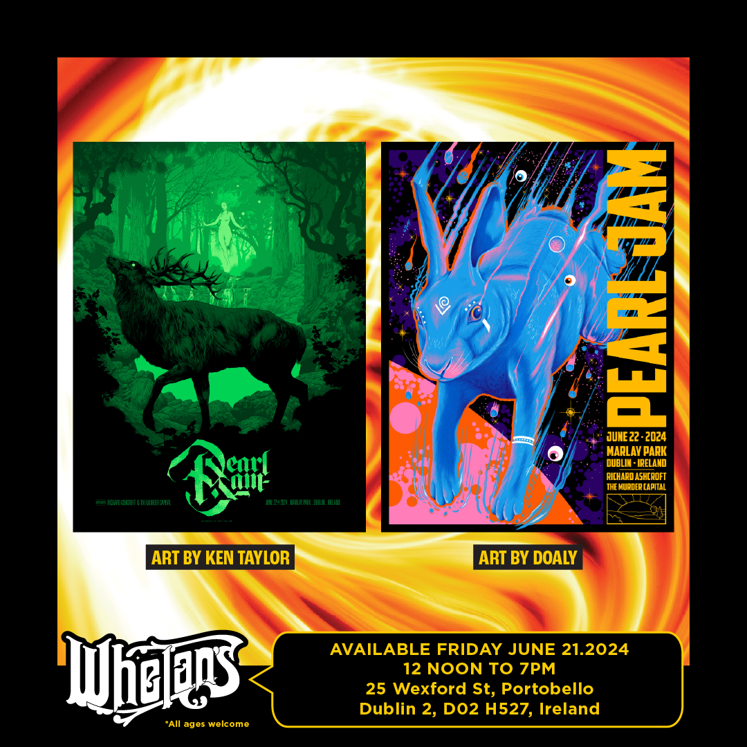 PearlJam's tweet image. Dublin! The merch is arriving early to you. Head to @whelanslive tomorrow, June 21st, to get your PJ gear before the show on Saturday.

Artists: @kentaylorart &amp;amp; @doaly

The event poster and merch are available starting at noon. Doors close at 7pm. Open to all ages.