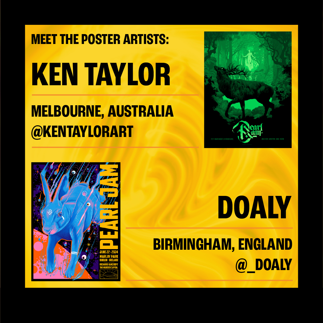 PearlJam's tweet image. Dublin! The merch is arriving early to you. Head to @whelanslive tomorrow, June 21st, to get your PJ gear before the show on Saturday.

Artists: @kentaylorart &amp;amp; @doaly

The event poster and merch are available starting at noon. Doors close at 7pm. Open to all ages.