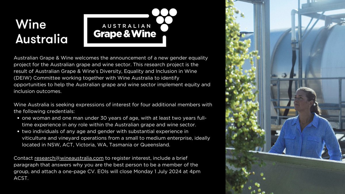 We welcome the ANN of a new gender equality project for the Aus. grape &amp; wine sector.
This research project is the result of AGW’s Diversity, Equality &amp; Inclusion in Wine (DEIW) Committee working with <a href="/wine_australia/">Wine Australia</a> to identify opp to help implement equity &amp; inclusion outcomes.