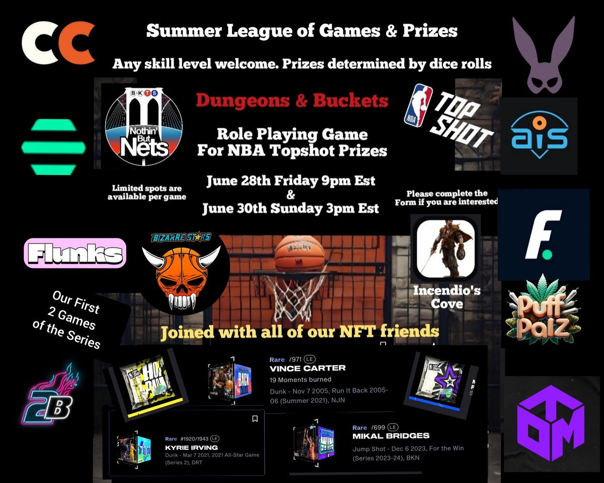 Get ready for a summer series of basketball themed role playing games for Prizes

The first two games are coming up

Games will fill up in order as your completed forms are received only 8 players per game will be able to play

Please complete form to play
forms.gle/2GGj6fHhm7jGX1…