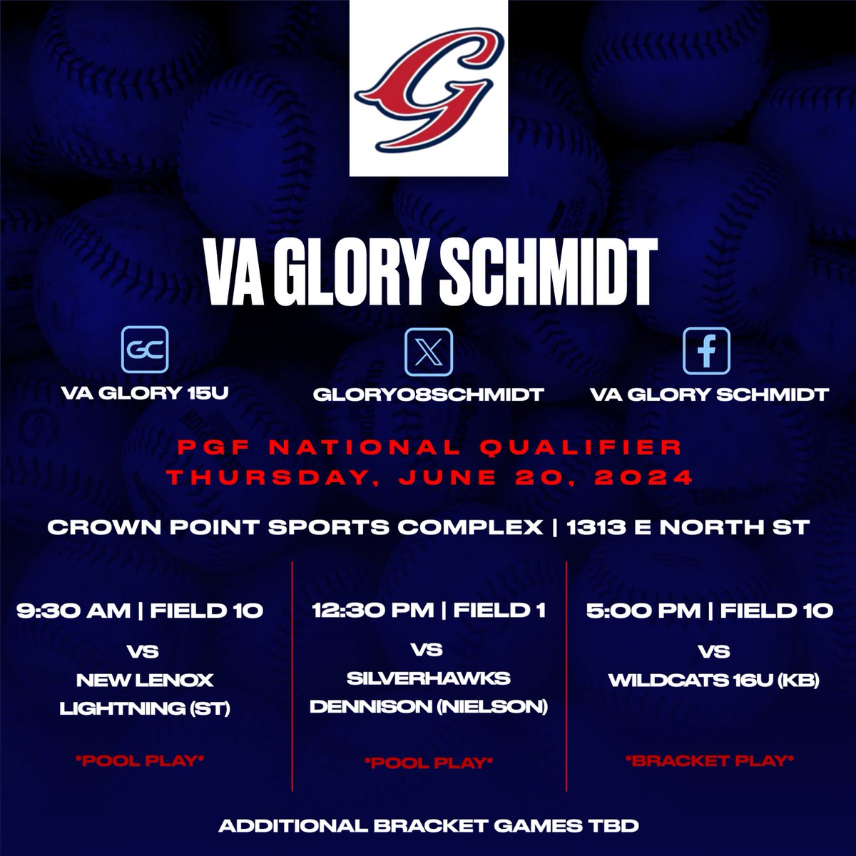 Our schedule for this weekend's PGF National Qualifier in Crown Point, Indiana #GoGlory