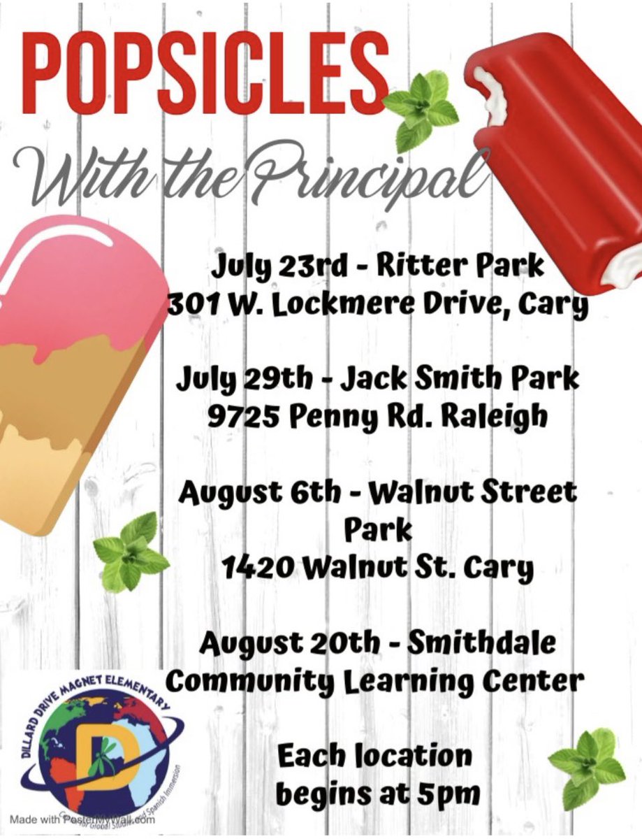 Dillard Drive Magnet Elementary (@dillardmagnetes) on Twitter photo <a href="/rsykez/">Roxann Sykes, DDMES Principal</a> & friends are visiting a park near YOU! It’s time for Popsicles with the Principal! We will have Book Giveaways too! Join in the fun & meet fellow dragonflies under the sun! <a href="/MollyMo518/">Molly Montgomery</a> <a href="/jqjoyner1/">Jennifer J</a> <a href="/wcpssmagnets/">WCPSS Office of Magnet Schools (Choice Schools)</a> <a href="/WesternWCPSS/">Western Area</a> <a href="/ddmespta/">Dillard Drive Elementary School PTA</a> <a href="/rsykez/">Roxann Sykes, DDMES Principal</a> & friends are visiting a park near YOU! It’s time for Popsicles with the Principal! We will have Book Giveaways too! Join in the fun & meet fellow dragonflies under the sun! <a href="/MollyMo518/">Molly Montgomery</a> <a href="/jqjoyner1/">Jennifer J</a> <a href="/wcpssmagnets/">WCPSS Office of Magnet Schools (Choice Schools)</a> <a href="/WesternWCPSS/">Western Area</a> <a href="/ddmespta/">Dillard Drive Elementary School PTA</a>