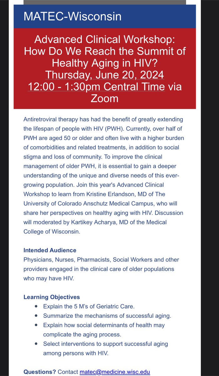“Summit of Healthy Aging in HIV” - very excited for this talk from <a href="/kerlands/">Kristine Erlandson</a> tomorrow for MATEC Wisconsin 
<a href="/MCWMedGer/">MCW Medicine-Geriatrics</a> <a href="/MCW_InfDz/">MCW Infectious Diseases</a>
See you all there!