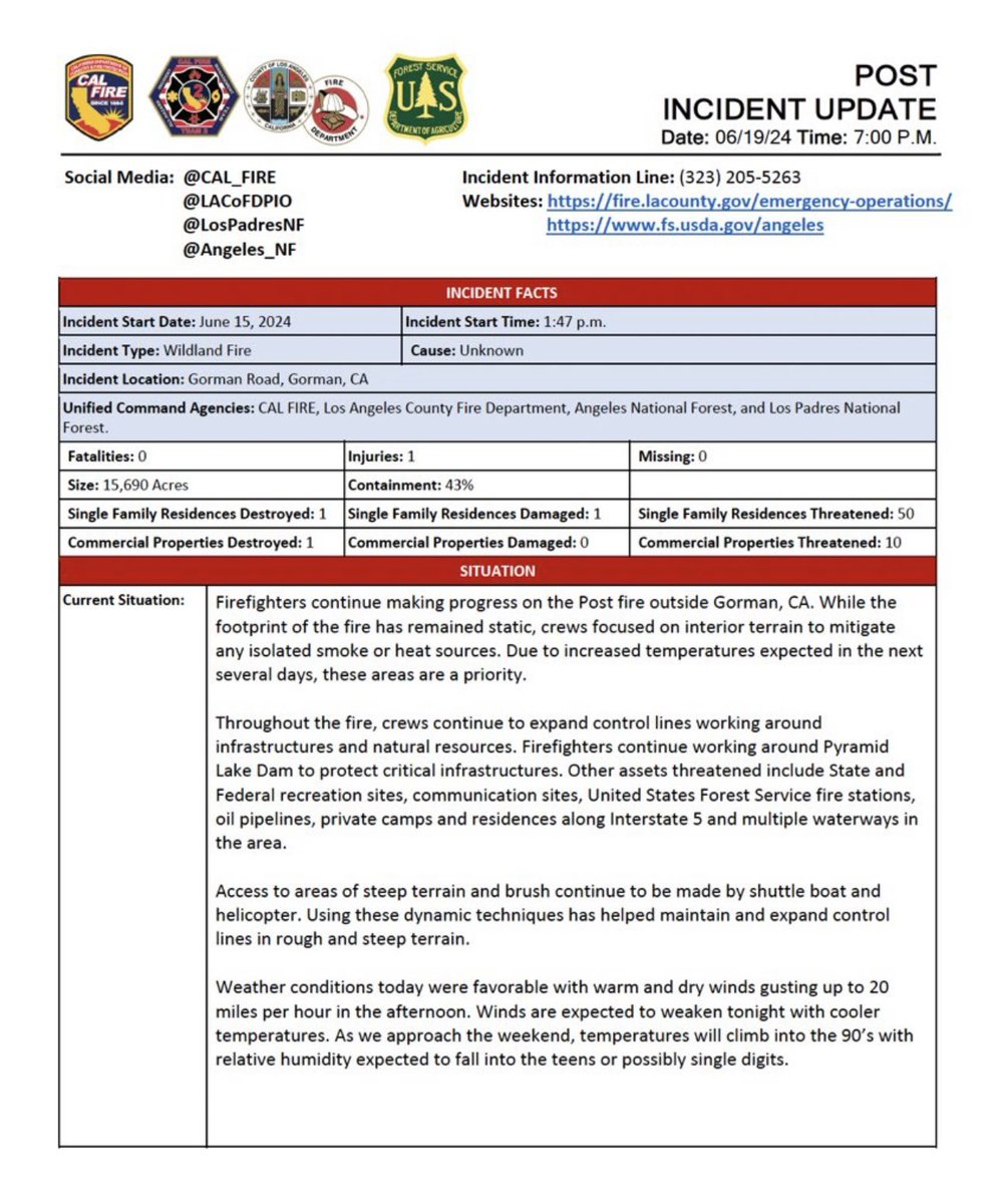 EsselingFire's tweet photo. #PostFire PM Incident Update 6/19/24 https://t.co/rJ0wo3KRCZ