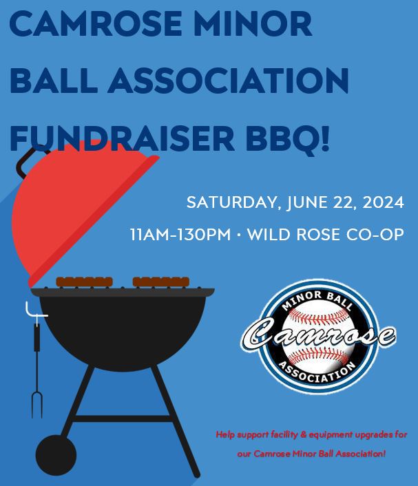 CMBA will be hosting a BBQ Fundraiser this Saturday, June 22, right outside of Camrose Wild Rose Co-op from 11am - 2pm. We are looking forward to hopefully seeing many of you and your kiddos down there for a burger and a soda or water! 
camroseball.com/article/95609