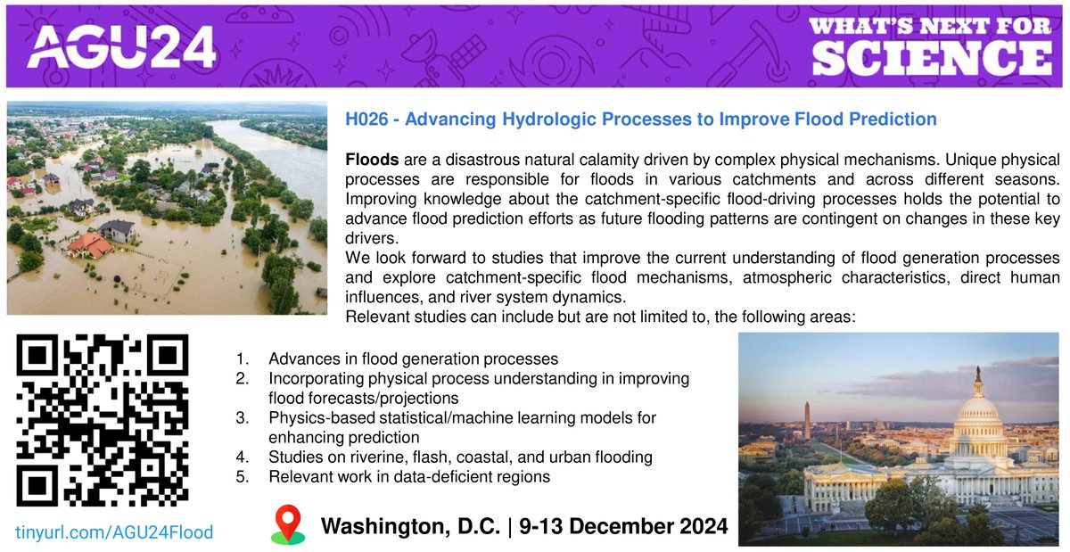 📢📢 Does your work involve #flood research? You might find our #AGU24 session useful! Submit your abstract to "H026 - Advancing Hydrologic Processes to Improve Flood Prediction” by July 31
#FloodPrediction #Hydrology #AGU24
<a href="/js_nanditha/">Nanditha J S</a> <a href="/anukeshka/">Anukesh Krishnankutty Ambika</a> 

Link: tinyurl.com/AGU24Flood