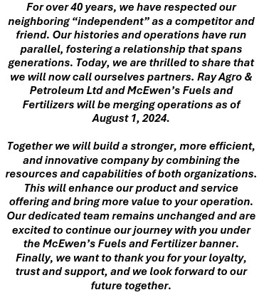 RayAgro's tweet image. We have some very exciting news to announce!
#ExcitingUpdate #MergerAnnouncement #McEwensFF #FutureFocused #IndependentAgRetail #WestCdnAg
