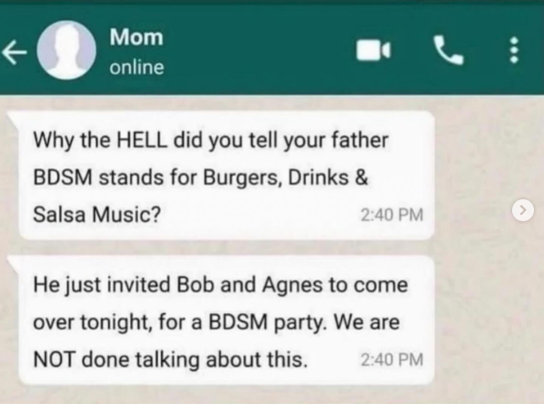 About #BDSM Burgers, Drinks &amp; Salsa Music 🤣 https://t.co/M4Zk55YRbO<a href="/tag/bdsm"class="tags">#BDSM</a>
