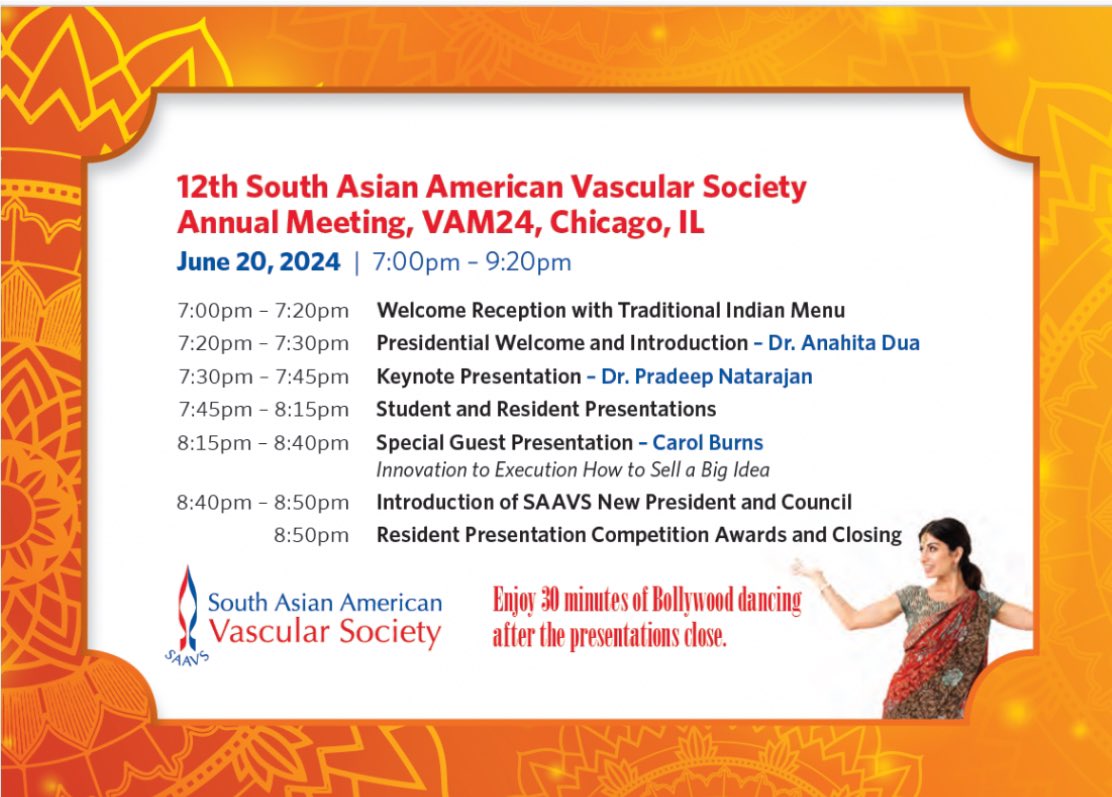 You don’t want to miss this tomorrow! Free networking, Indian food, Indian dancing at VAM during the SAAVS annual meeting