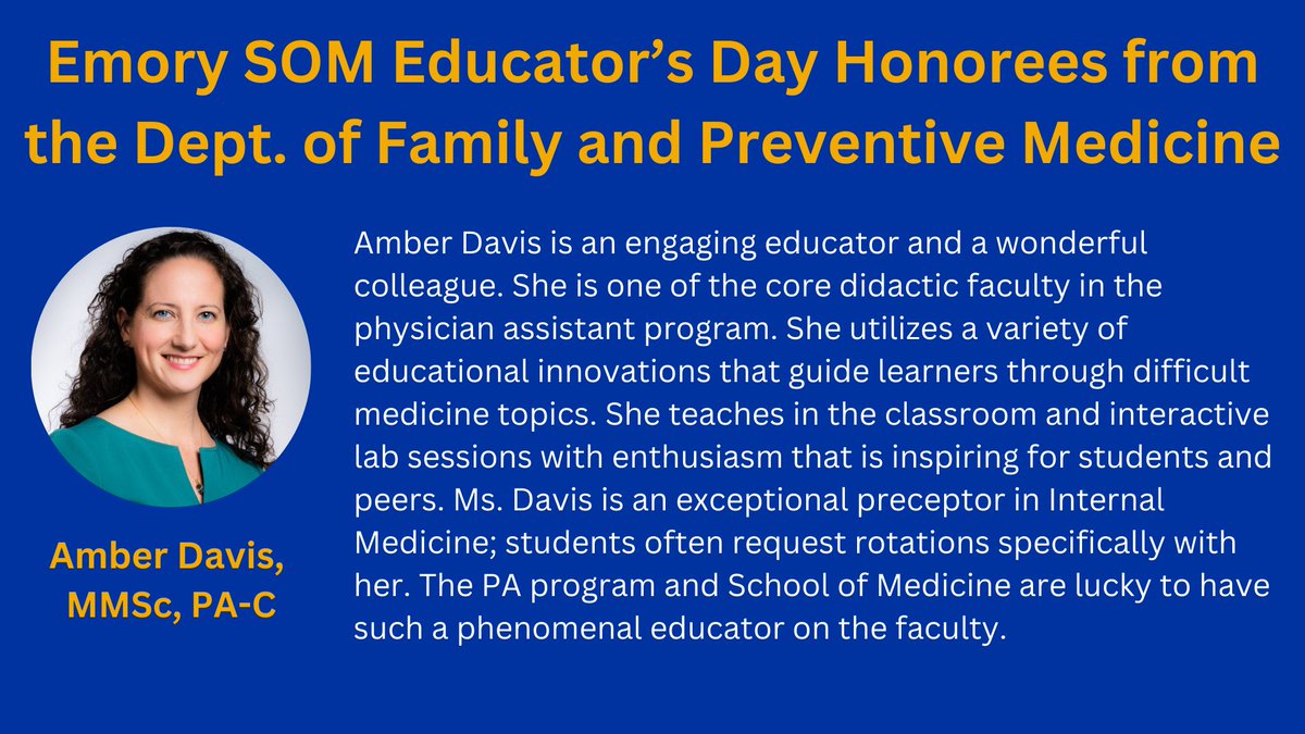 Emory Dept of Family & Preventive Medicine (@emoryfammed) on Twitter photo Highlighting <a href="/EmoryPASOM/">Emory PA Program</a> faculty Amber Davis, honored for <a href="/EmoryMedicine/">Emory School of Medicine</a> 2024 Educator's Day! #MedEd Highlighting <a href="/EmoryPASOM/">Emory PA Program</a> faculty Amber Davis, honored for <a href="/EmoryMedicine/">Emory School of Medicine</a> 2024 Educator's Day! #MedEd