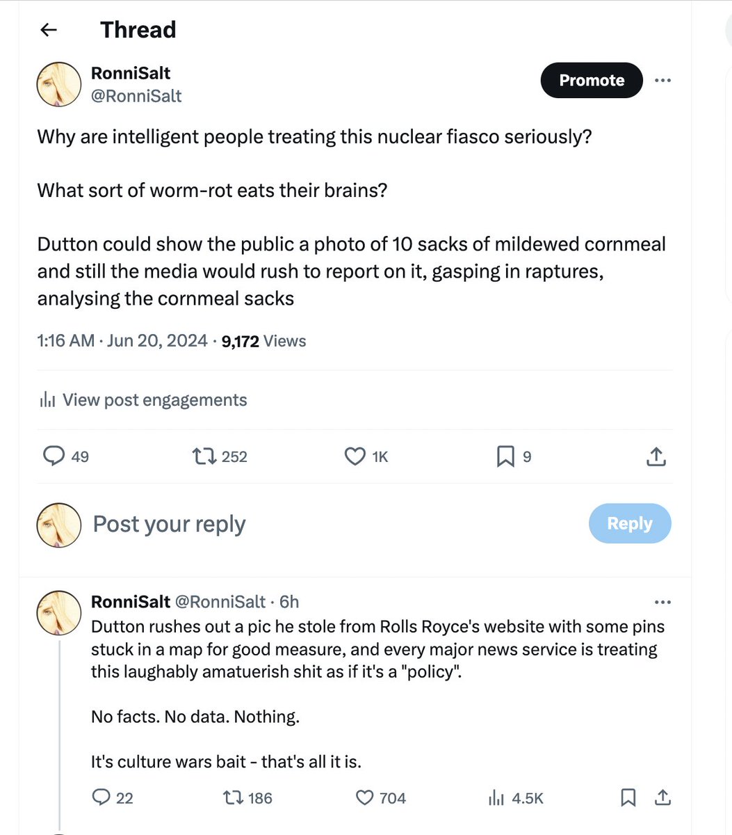 <a href="/mjrowland68/">Michael Rowland</a> <a href="/PeterDutton_MP/">Petaren’t Dutton</a> <a href="/SenatorWong/">Senator Penny Wong</a> <a href="/bridgeyb/">Bridget Brennan</a> My god this is embarrassing <a href="/mjrowland68/">Michael Rowland</a>

It's like we're living in an alternative reality where overwhelming facts and evidence don't matter anymore

The only thing Dutton is building - the only thing - is a culture war over energy

This is about votes and headlines, that's all
