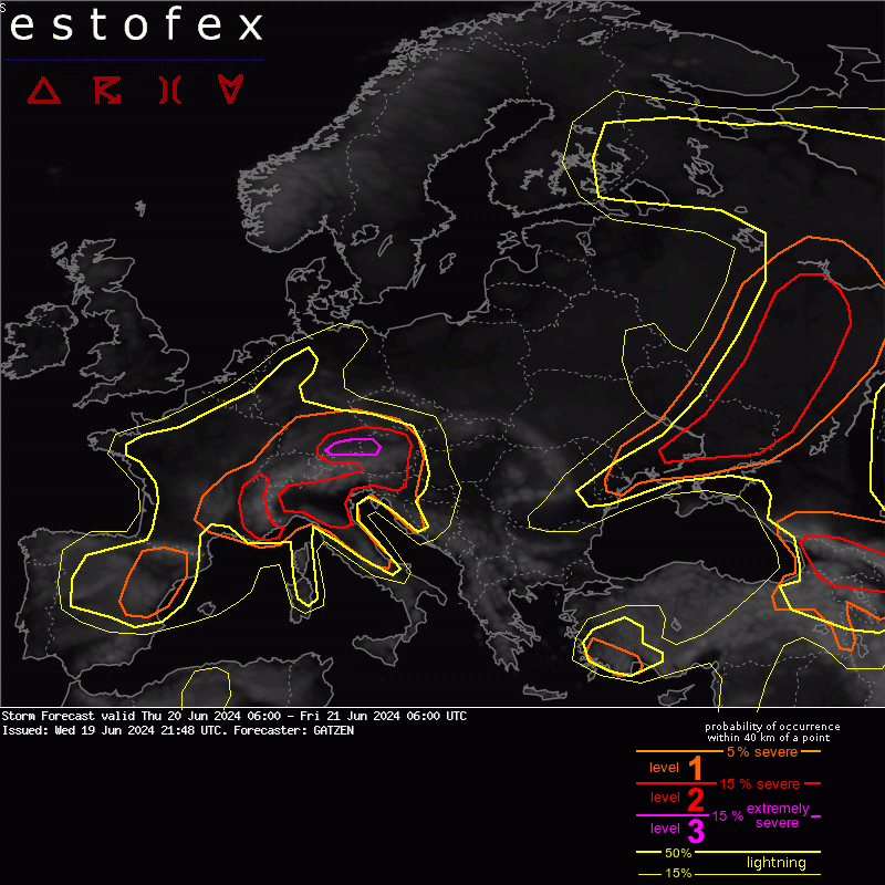 Active severe weather pattern continues across Europe. The highest risk of severe storms is forecast across the flank of N Alps with threats of very large hail and severe wind gusts.  Read more at estofex.org