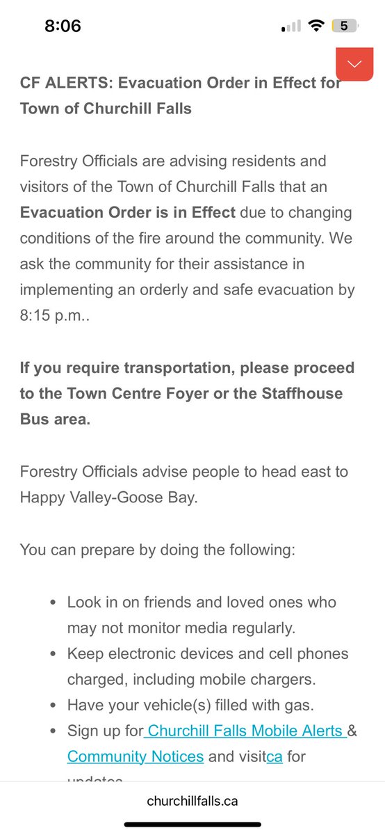 PeterCBC's tweet photo. An evacuation order is in place for Churchill Falls in Labrador because of a forest fire. 

People are being told to head east to Happy Valley Goose Bay which is 3 hours away https://t.co/PNovi2Nlqd