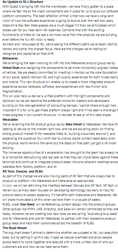 SupBagholder's tweet photo. Meta full internal memo on Reality Labs hardware team being split into "Wearables" and "Metaverse" https://t.co/YhkOuNJmev