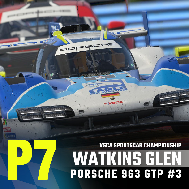 Our #3 Eagle Race Simulators Porsche 963 GTP suffers a set back at Watkins Glen. Following a crash at the bus stop and extensive repairs, it's a P7 finish in the Six Hours of the Glen. #VSCA #WatkinsGlen #Porsche #eSports
