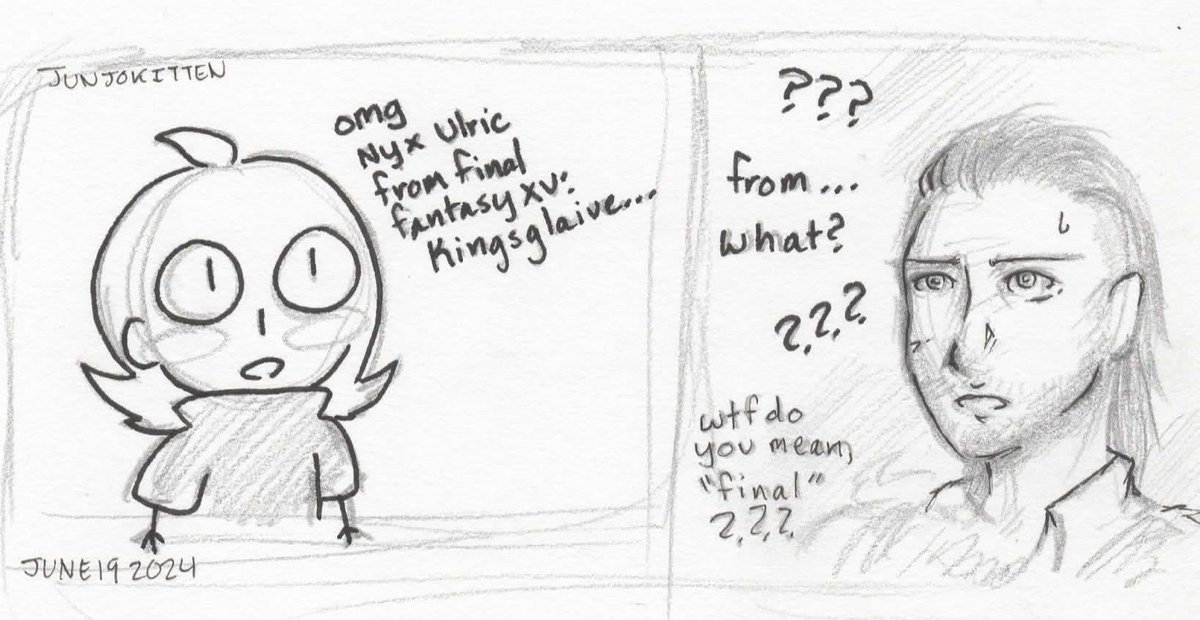 junjokitten's tweet photo. happy nyx week day 4 and also my birthday, as such I have nothing of substance and instead draw memes. I am now 21 years old?? here is those memes plus a bonus drawing by my sister of Nyx as a cringe ass naenae baby (she doesn't use this app but i luv her) #NyxWeek2024 #ffxv https://t.co/9MFJUgtMdp