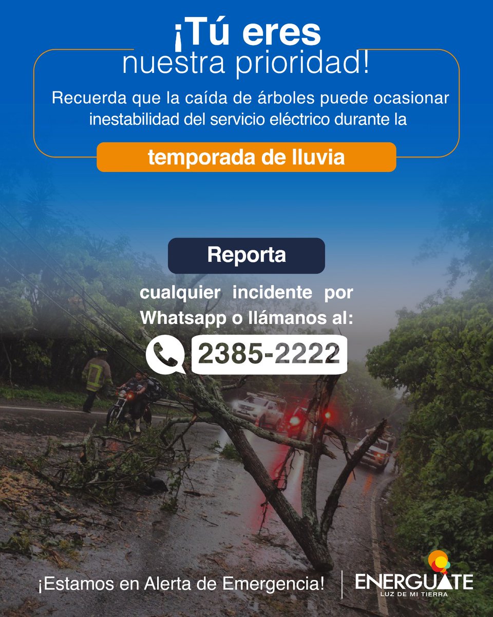 Energuate_'s tweet photo. Continuamos trabajando arduamente para atender con rapidez los incidentes provocados por la temporada de lluvia. ¡Tú eres nuestra prioridad!

#AlertadeEmergenciaENERGUATE #Inviernogt #TrabajamosParaTi #Guatemala #PrevenciónAccidentes #ConEnergíalaVidaesMejor https://t.co/hqLlqMOyjD