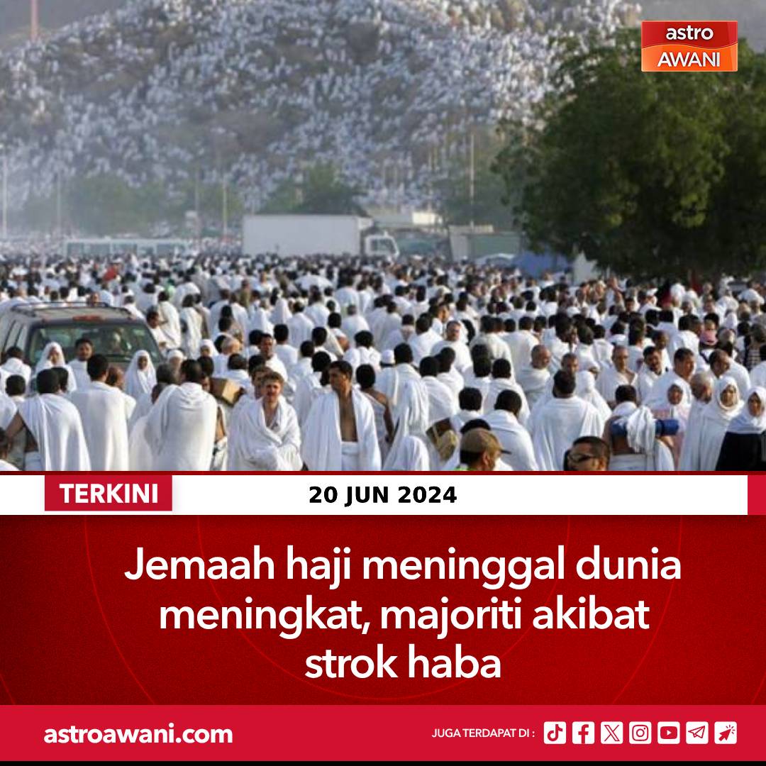 Jumlah kematian jemaah haji dari pelbagai negara mencecah ratusan orang, terutama dalam kalangan mereka yang tidak mempunyai visa haji.

Dalam kalangan jemaah kendalian Tabung Haji Malaysia pula, enam kematian baharu dilaporkan.

Ikuti berita terkini di grid.astroawani.com