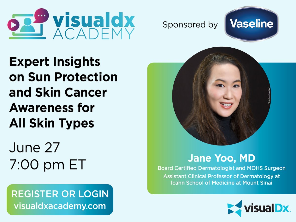📢 Webinar Alert! 📢 

On June 27, join Dr. Jane Yoo to explore the importance of sun protection, understand skin cancer, and examine how skin color affects disease presentation.

📅 Mark your calendar &amp; register today: bit.ly/3RnPrqZ

#Webinar #MedEd #dermtwitter