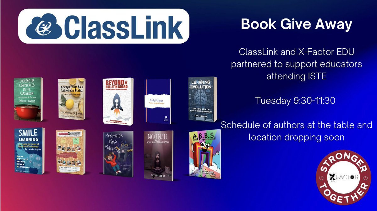 XFactorEdu's tweet photo. EXCITING #ISTE news @ClassLink and #XFactorEDU partnered to support educators attending @ISTEofficial
Tuesday 6/25 9:30-11:30 authors signing books to give away.
Thank you #Classlink for your support Schedule of authors and location dropping soon!
@techsavvysupt https://t.co/x36BI2sFGc