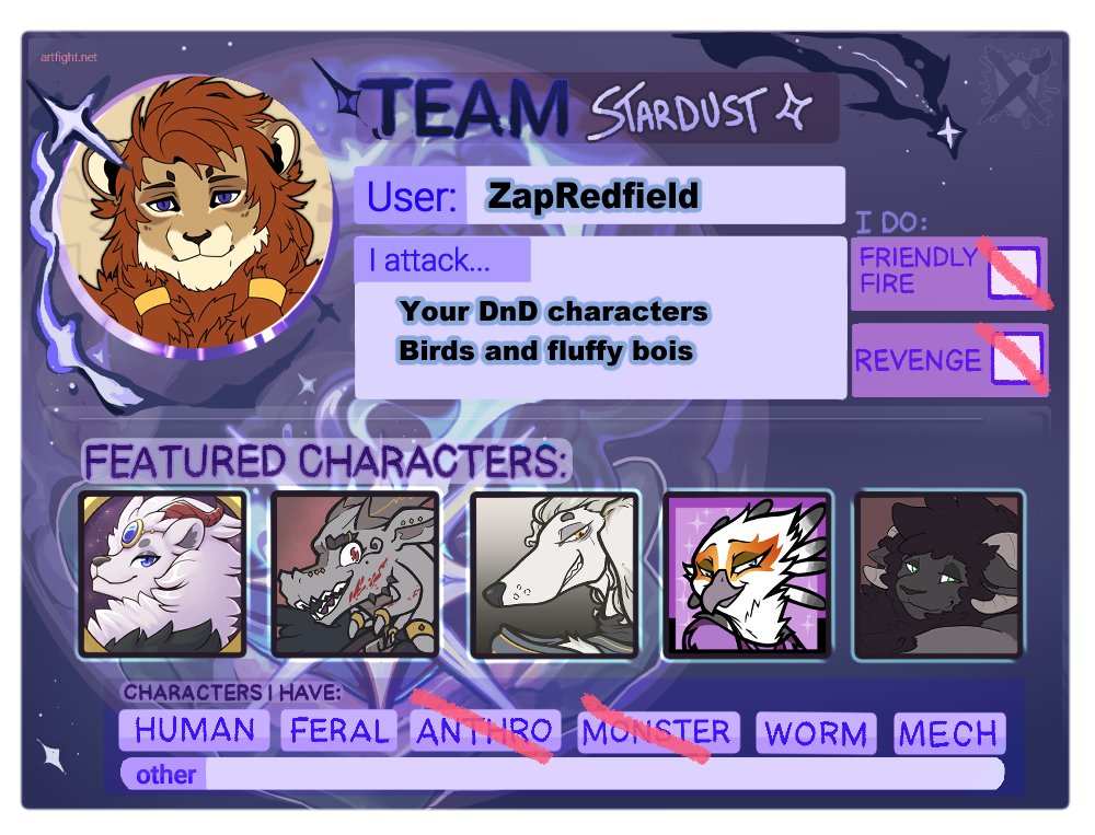 artfight.net/~ZapRedfield 

Its starting soon :D