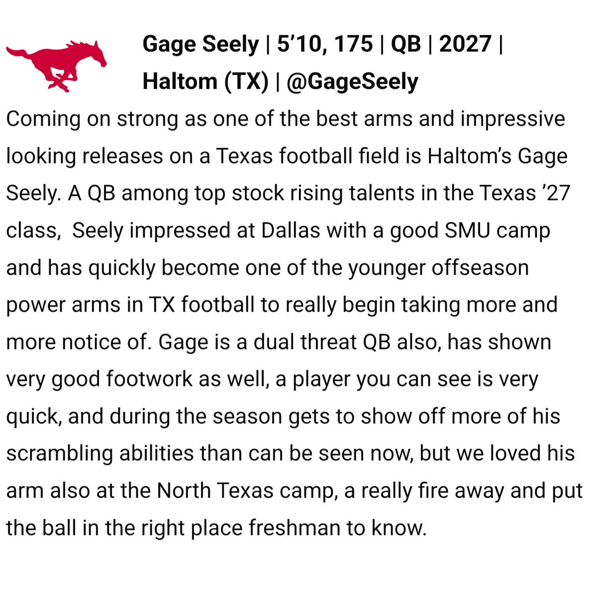 Gage Seely (@gageseely) on Twitter photo Appreciate the love, <a href="/sixstarfootball/">Six Star Football | PLUS+</a>!!!
#haltomfootball
<a href="/247Sports/">247Sports</a> <a href="/QBHitList/">QBHitList.com</a> <a href="/HHS_Recruiting/">Haltom HS Recruiting</a> <a href="/FootballHaltom/">Haltom Football Boosters</a> <a href="/Rivals/">Rivals</a> <a href="/One11Recruiting/">One11 Recruiting</a> <a href="/Recruiting817/">DFW Recruiting 817</a> @MarshallRivals <a href="/_EliteProspects/">🚨Elite Prospects🚨</a> Appreciate the love, <a href="/sixstarfootball/">Six Star Football | PLUS+</a>!!!
#haltomfootball
<a href="/247Sports/">247Sports</a> <a href="/QBHitList/">QBHitList.com</a> <a href="/HHS_Recruiting/">Haltom HS Recruiting</a> <a href="/FootballHaltom/">Haltom Football Boosters</a> <a href="/Rivals/">Rivals</a> <a href="/One11Recruiting/">One11 Recruiting</a> <a href="/Recruiting817/">DFW Recruiting 817</a> @MarshallRivals <a href="/_EliteProspects/">🚨Elite Prospects🚨</a>