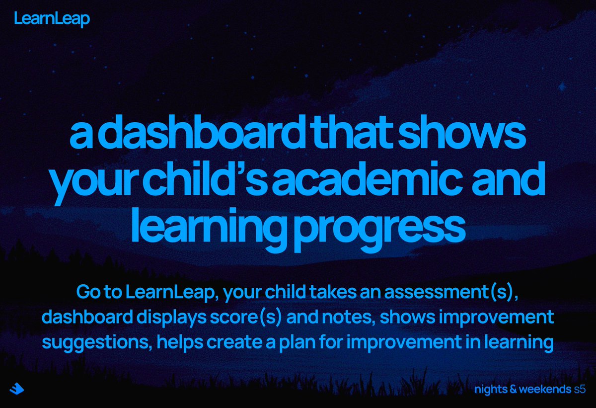 We want our kids to maximize learning and enjoy it as well, but we never truly know how they are doing!

LearnLeap is a dashboard app that gives you an all-in-one view of your child's learning!

Let me know your thoughts!

cc: <a href="/_buildspace/">buildspace</a> <a href="/_nightsweekends/">nights & weekends</a> <a href="/FarzaTV/">Farza 🇵🇰🇺🇸</a>