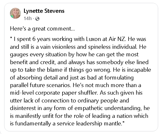 Ugh4321's tweet photo. After 6 months watching luxon fail, this description from someone who worked with lux for 6 years is pin point accuracy:

"vain, visionless, spineless, self benefit and credit, incapable of detail, mid level corporate paper shuffler, disinterested in people" https://t.co/CeuGpQxKiz