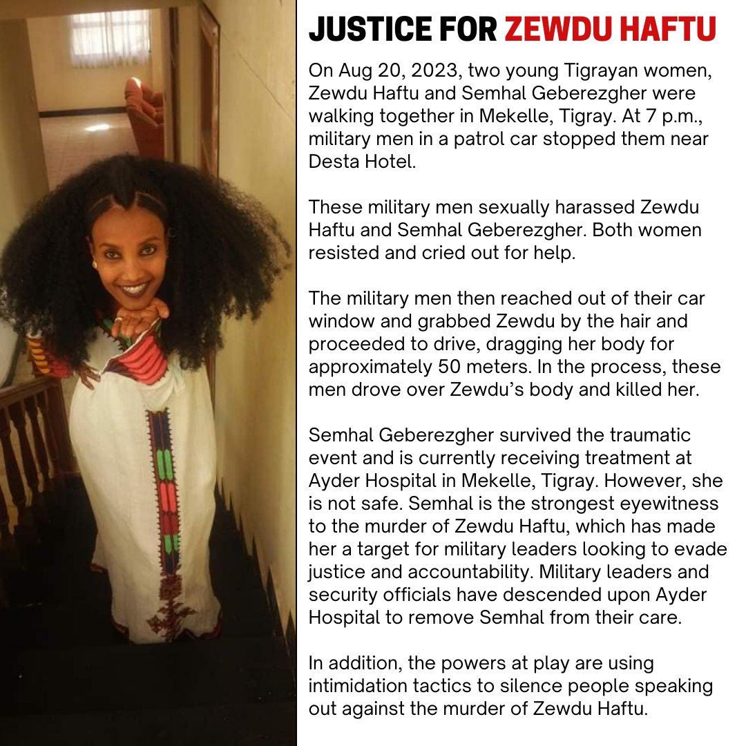💔 Victim 3 
Zewdu Haftu was brutally murdered on 08/20/2023 in mekele, Adi Haqi Sub-City. She has not received justice yet. The perpetrator (who killed Zewdu by car &amp; fled) is the brother-in-law of Tigray Deputy Police Commissioner Gebreselassie Belay.
<a href="/amnesty/">Amnesty International</a>
<a href="/UN/">United Nations</a>
<a href="/TegaruEurope/">Union of Tigrayans in Europe (UTE)</a>
