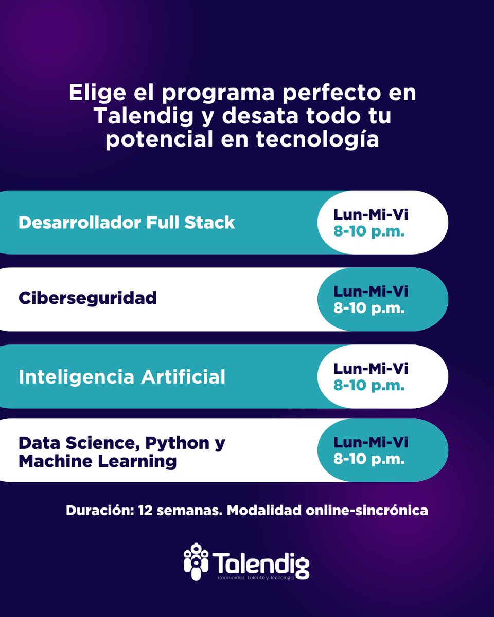 talendigrd's tweet photo. En nuestros #bootcamps aprenderás de profesionales con vasta experiencia en el mercado de la #tecnología y la #programación💪💻 y te brindaremos los conocimientos y las herramientas que necesitas para especializarte en el área de tu interés.
✅https://t.co/5b6voertw2 https://t.co/gRfOE62gP5