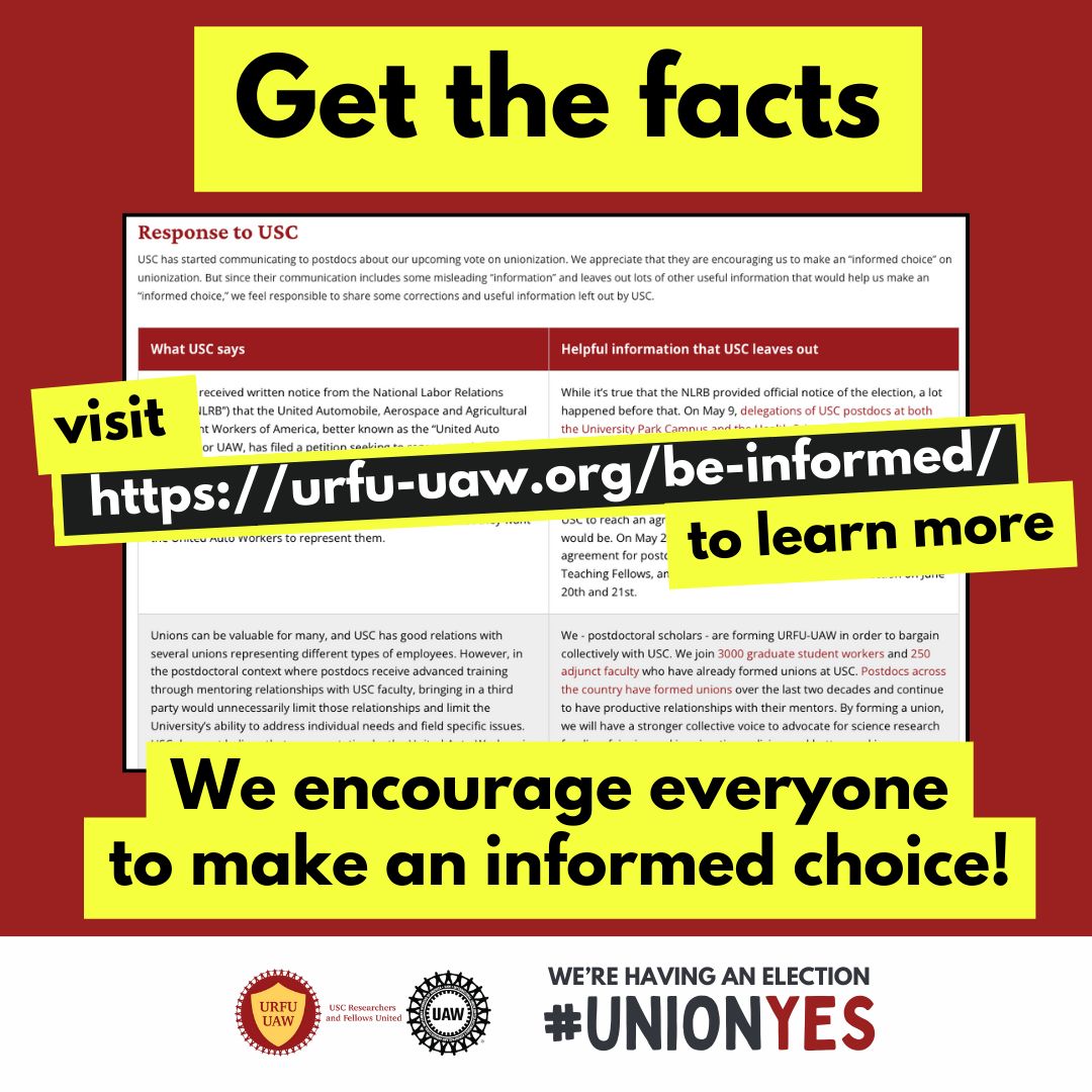 Before tomorrow's vote, we encourage everyone to learn more about what USC says vs. what they leave out. 

Visit urfu-uaw.org/be-informed/ to learn more and make your own informed decision!