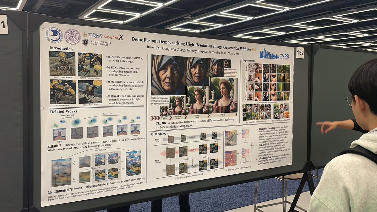 kam_woh's tweet image. DemoFusion, training-free High Resolution Image Generation up to 4096x4096 with stable diffusion!!! Come poster booth 132!!
@CVPR @RuoyiDu @SketchXlab #cvpr #demofusion #poster #cvpr2024